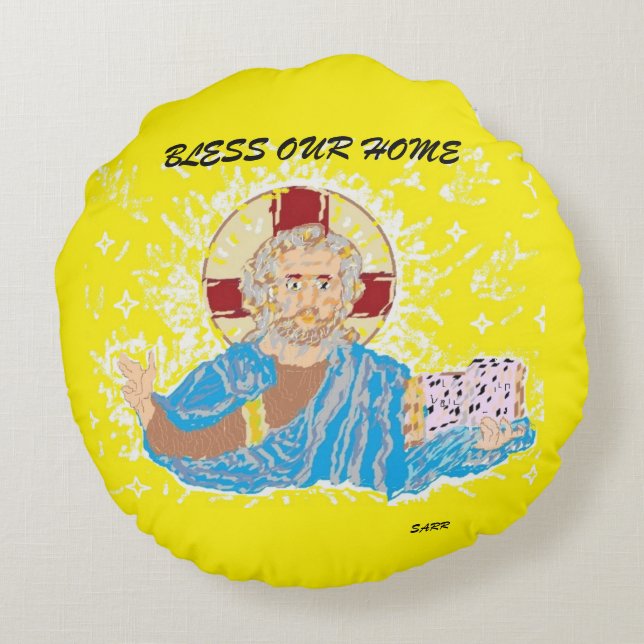 Rund fyllning: BLESS OUR HOME LORD JESUS CHRIST Kudde (Baksidan)