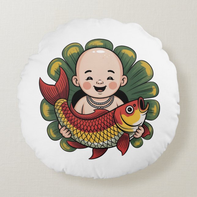 Rund fyllning | Cute Boy med Lucky Koi Rund Kudde (Framsidan)