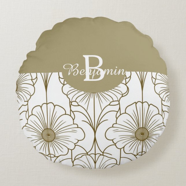Rund fyllning för Blommönstret guld Kudde (Framsidan)