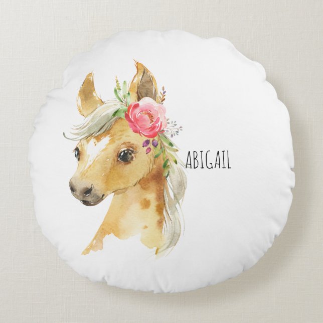 Rund fyllning för eget namn för rosa Pony Kudde (Framsidan)