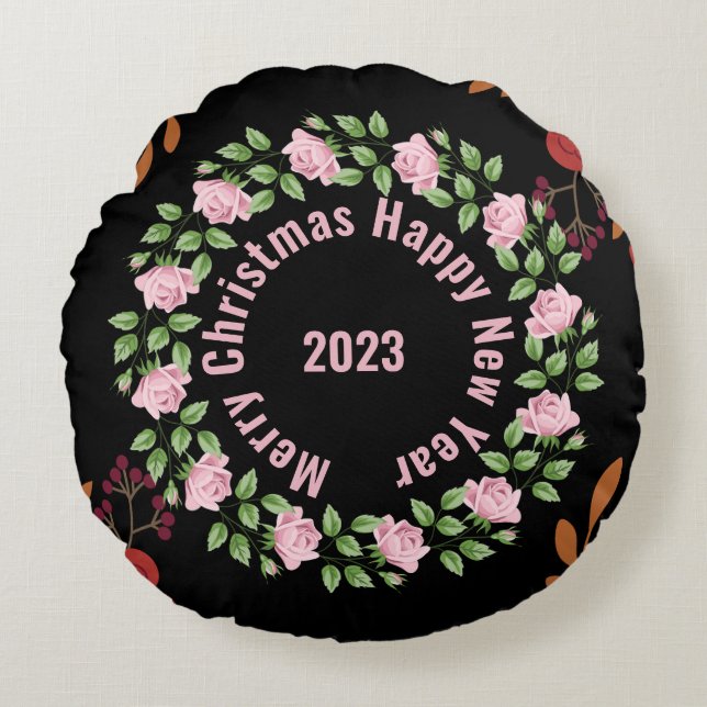 Rund fyllning för gott nytt år Blommigt Kudde (Framsidan)