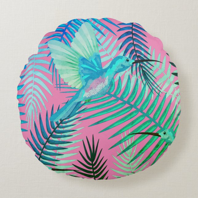 Rund fyllning för gröntens tropiska fågel- och Blo Rund Kudde (Framsidan)