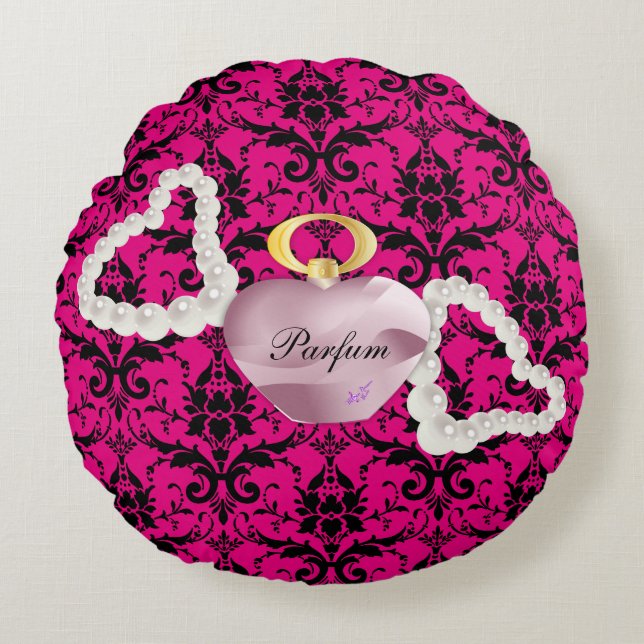 Rund fyllning för Parfum & Pearls Rosa Damask Rund Kudde (Framsidan)