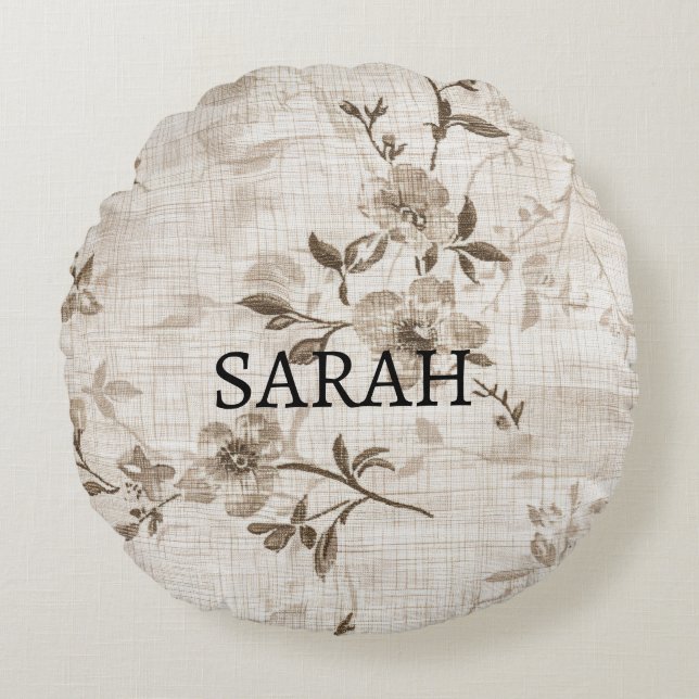 Rund fyllning med brunt Blommönster Kudde (Framsidan)