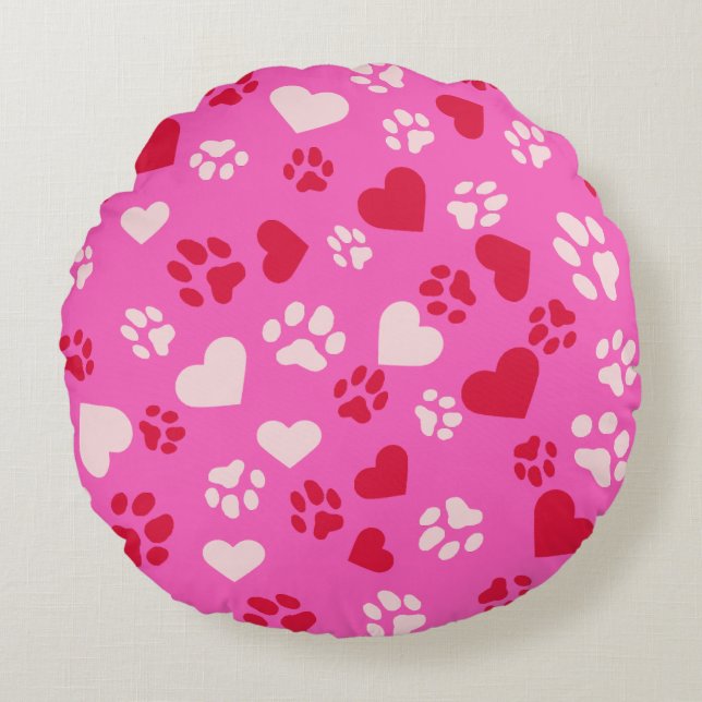 Rund fyllning med katt Tass avtryck och hjärtforme Rund Kudde (Framsidan)