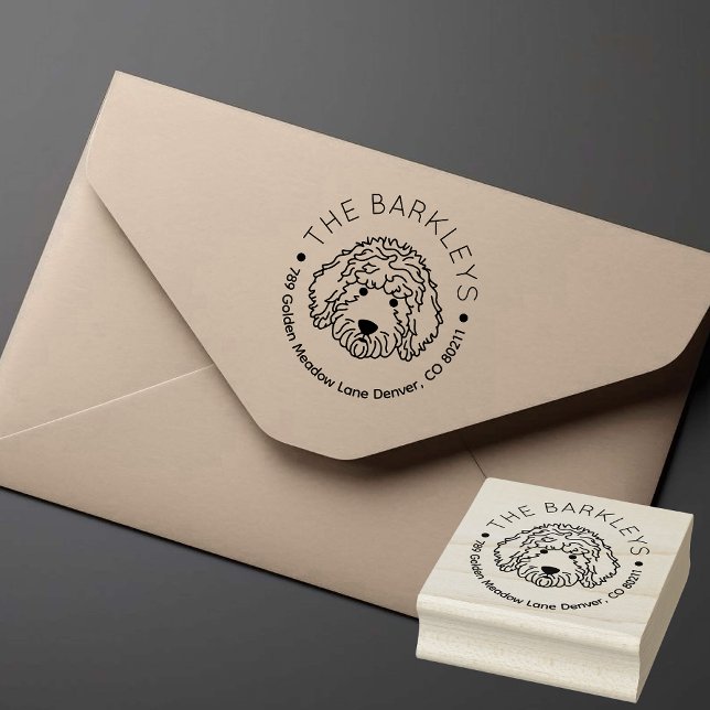 Rund Goldendoodle Hund Familjenamn Returadress Stämpel (Goldendoodle return address rubber stamp)