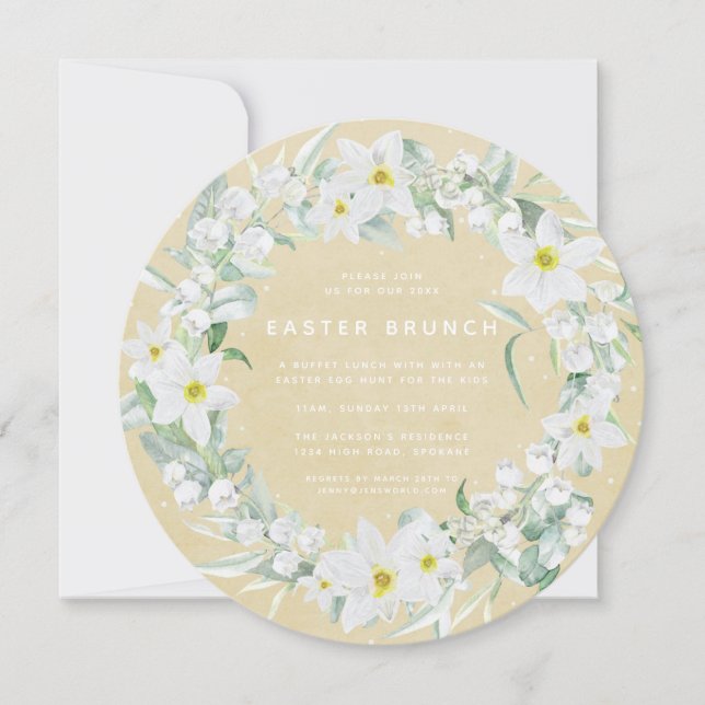 Rund Gult + vit Blommigt Brunch med frisk andedräk Inbjudningar (Framsida)