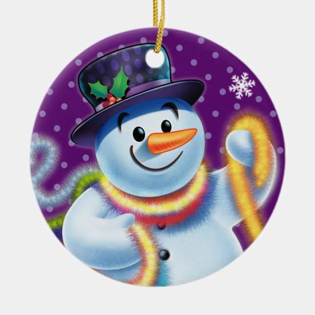 Rund Julgran dekoration Snögubbe och tinsel. (Framsidan)