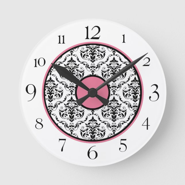 Rund klocka för rosa Black & White Damask-Elegant (Framsida)