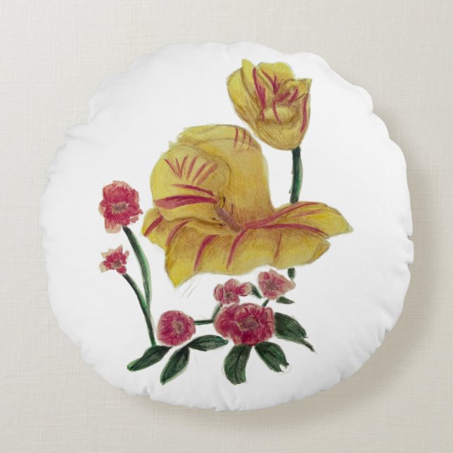 Rund kudde akvarell blomsterdesign (Framsidan)