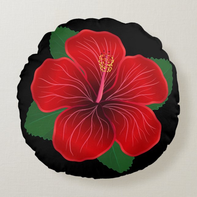 Rund kudde-röd hibiskusblomma kudde (Framsidan)