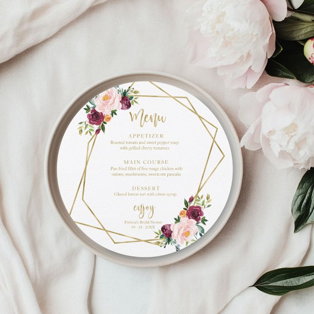 Rund meny för  Burgundy-Blommigtens Möhippa Inbjudningar (Skapare uppladdad)