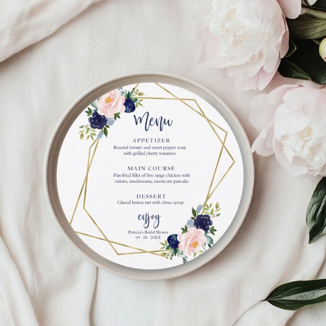 Rund meny för Möhippa för marin blå Guld-Blommigt Inbjudningar (Skapare uppladdad)