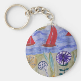 Rund Nyckelring för röda segel och blommor