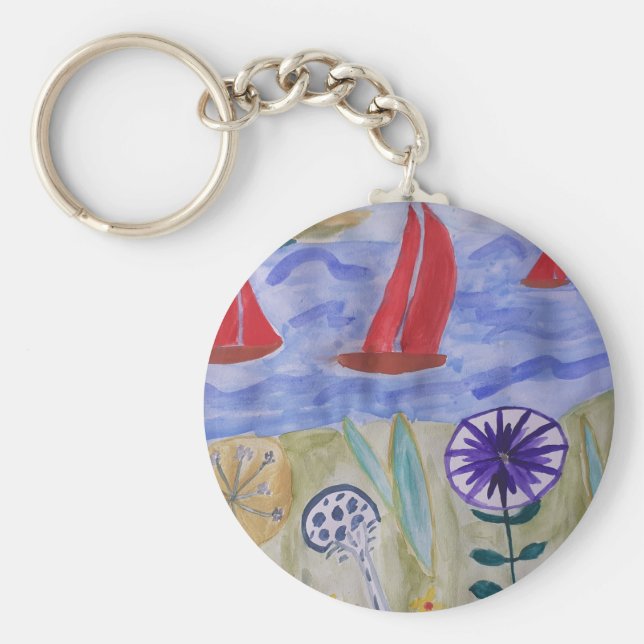 Rund Nyckelring för röda segel och blommor (Framsidan)