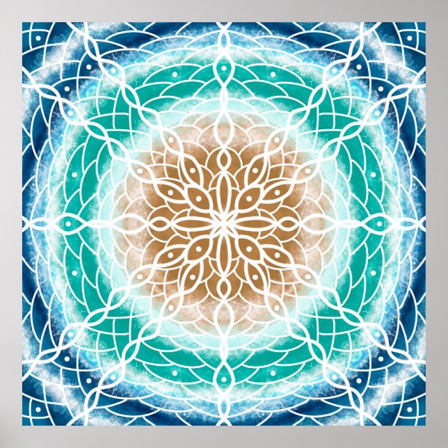 Rund Ocean Vågar Mandala Teal och Turquise Poster (Framsidan)