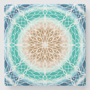 Rund Ocean Vågar Teal och Turquise Mandala Stenunderlägg