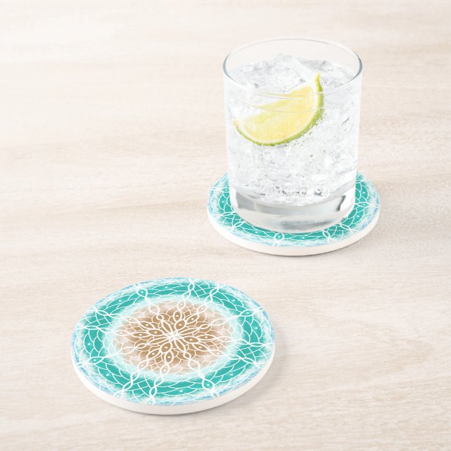 Rund Ocean Vågar Teal och Turquise Mandala Underlägg (Sidan)