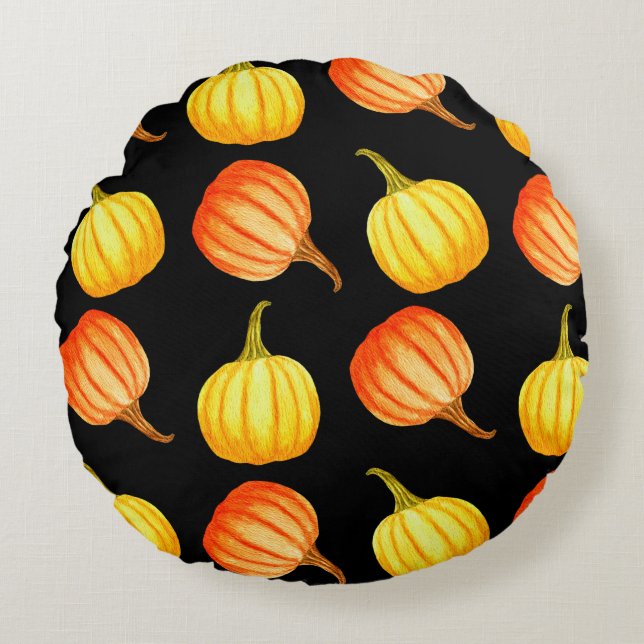 Rund Orange- och gult-pumpa. Sömlös vattenkol Kudde (Framsidan)