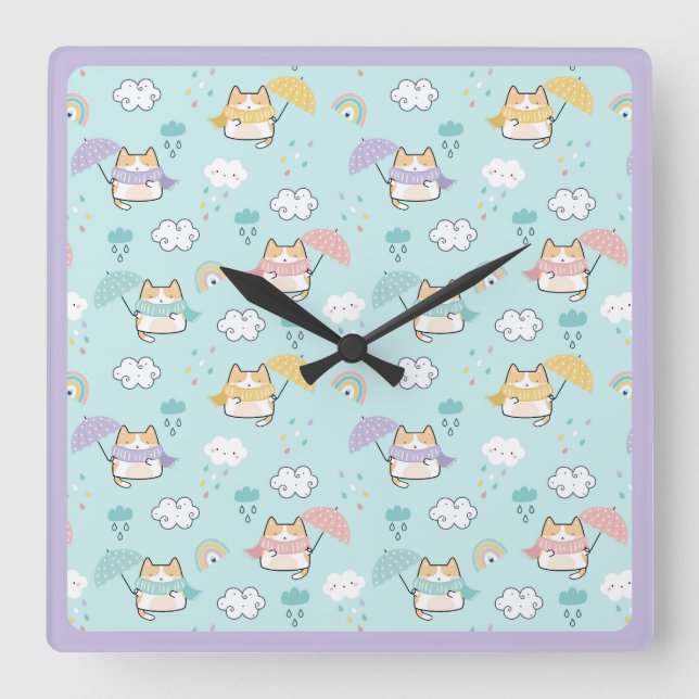 Rund Pillow för Cute Rainy Day Mönster Fyrkantig Klocka (Framsida)