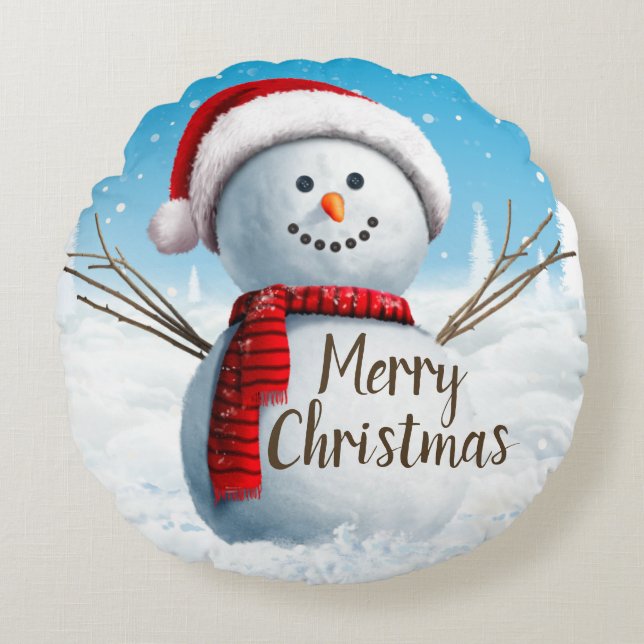 Rund Pillow för Cute Snögubbe God jul Kudde (Framsidan)