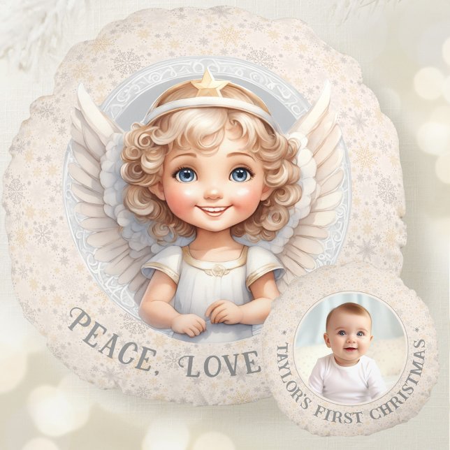 Rund Pillow i Cute Jul Angel Photo Namn Kudde (Cute Christmas Angel Template Photo Round Pillow)