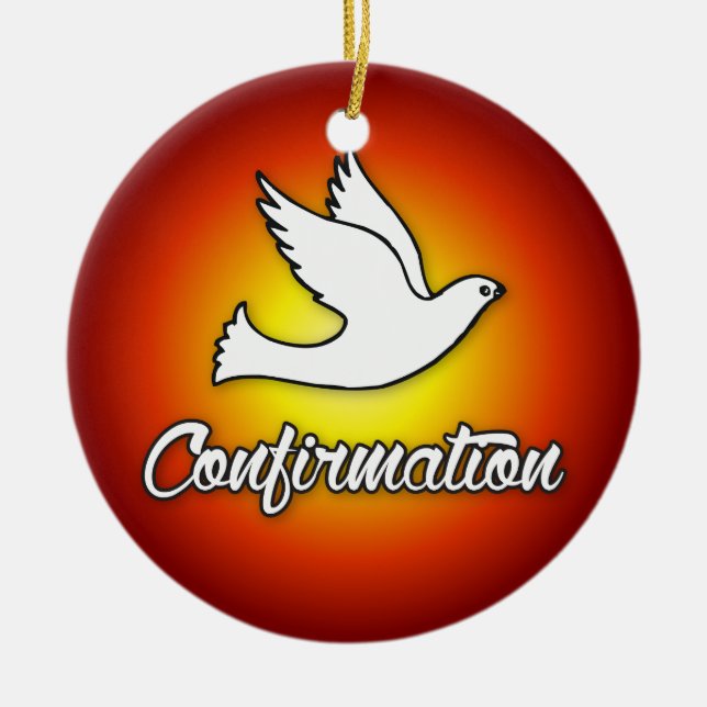 Rund prydnad, konfirmation, duva, röd, religiös julgransprydnad keramik (Framsidan)