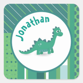 Rund ram i grönt/blått med söt dinosaur fyrkantigt klistermärke