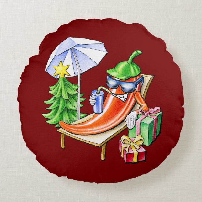 Rund röd jul Chili Tecknad Teckning Rund Kudde (Framsidan)