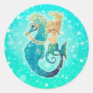 Rund Sjöjungfru Seahorse Aqua Stickers Runt Klistermärke
