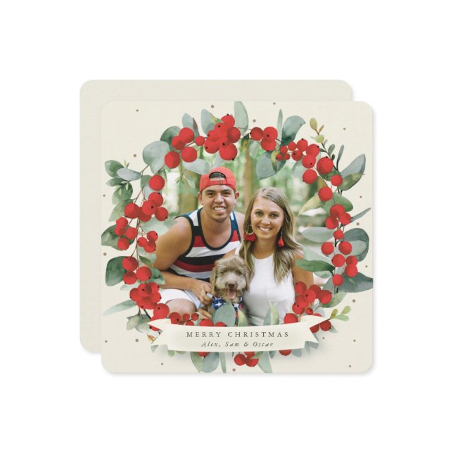 Rund/Square Red Berry+Eucalyptus Julkrans Julkort (Fram/Back In Situ)