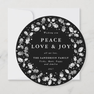 Rund svart julkrans Peace Love + Glädje Julkort