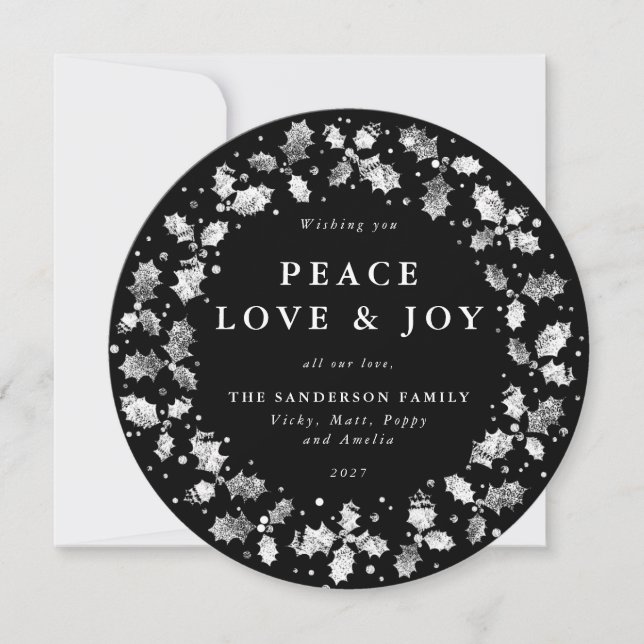 Rund svart julkrans Peace Love + Glädje Julkort (Framsida)