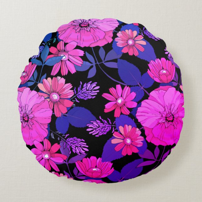Rund utskrift av rosa och Lila - blomma Kudde (Framsidan)