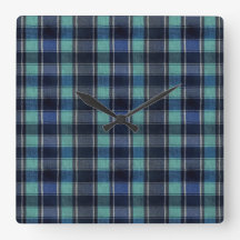 Rund väggklocka med teal och marinblå tartan-rutig