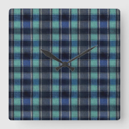Rund väggklocka med teal och marinblå tartan-rutig