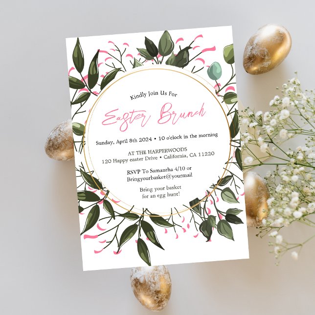 Rund vattenfärgsjakt på påsk brunch-ägg med blommi inbjudningar (Skapare uppladdad)