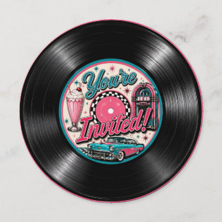 Runda 50-tals Retro Vinylskiva Födelsedagsinbjudan Inbjudningar