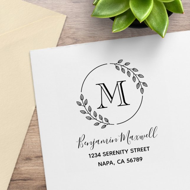 Runda blad Krans Monogram Adress Stämpel (Skapare uppladdad)