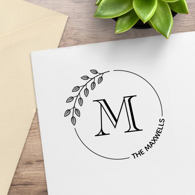 Runda blad Krans Monogram Initial Efternamn Stämpel (Skapare uppladdad)