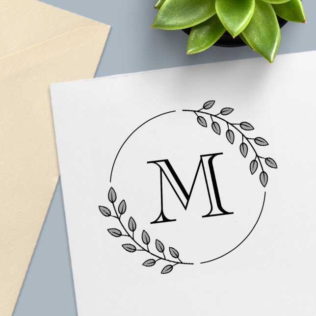 Runda blad Krans Monogram Initial Självfärgande Stämpel (Skapare uppladdad)