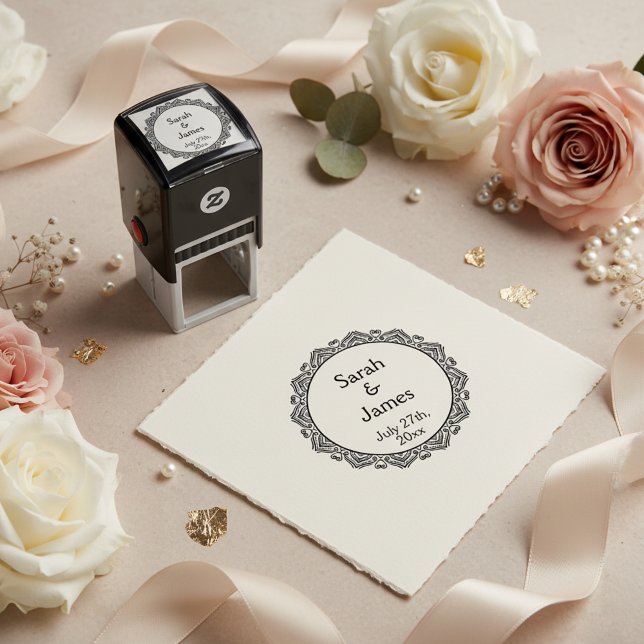 Runda bröllopsstämpel med Ram, prydnadsföremål Självfärgande Stämpel (Custom newlyweds names and wedding date pre inked round stamp.)