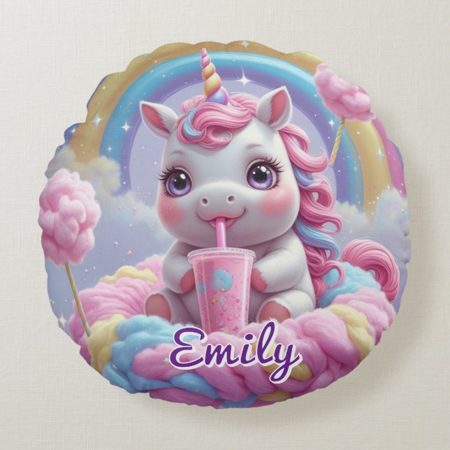 Runda Cotton Candy Unicorn Pillow - Editable Namn Rund Kudde (Framsidan)