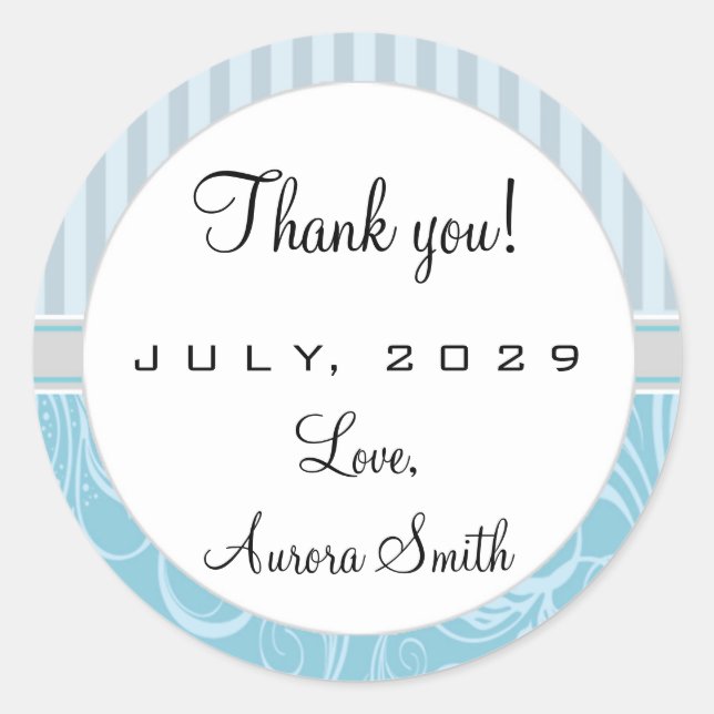 Runda etiketter för blå Rand-Blommigt, Tack,  (Framsida)