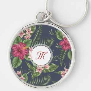 Runda Keychain för blommönsterhibiskusMonogram Rund Silverfärgad Nyckelring