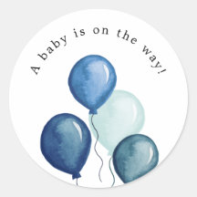 Runda klistermärken för baby shower med blå ballon