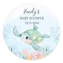 Runda klistermärken för baby shower med havssköldp