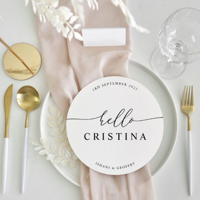 Runda minimalistkort för Bröllop-gästplats och -me Meny (Round Minimalist Wedding Guest Place Card and Menu)