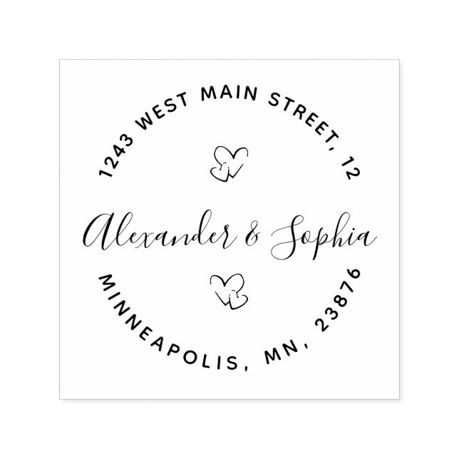 Runda Modern Dubbla Heart Bröllop Returadress Självfärgande Stämpel (Design)