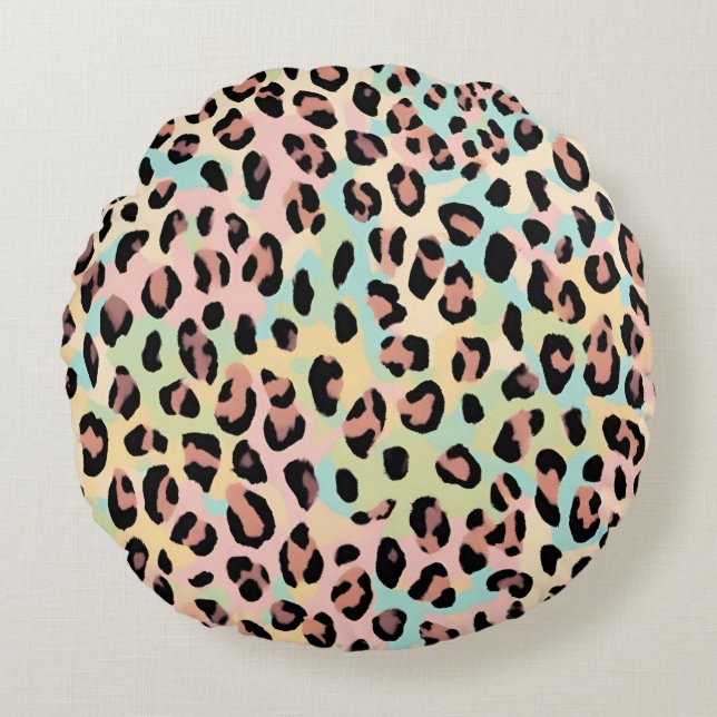 Runda Pillow Pastel Blue Rosa Leopard Skriv ut Rund Kudde (Framsidan)